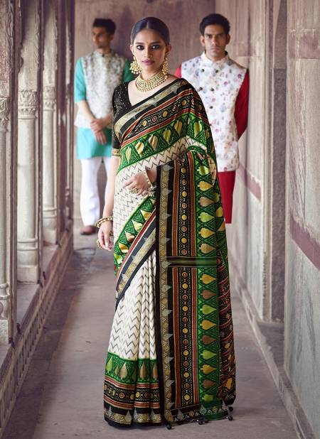 Dark Green And White Colour BK Rewaa Patola Silk Wedding Wear Hand Printed With Heavy Jacquard Border and swarovski work Saree Collection 115